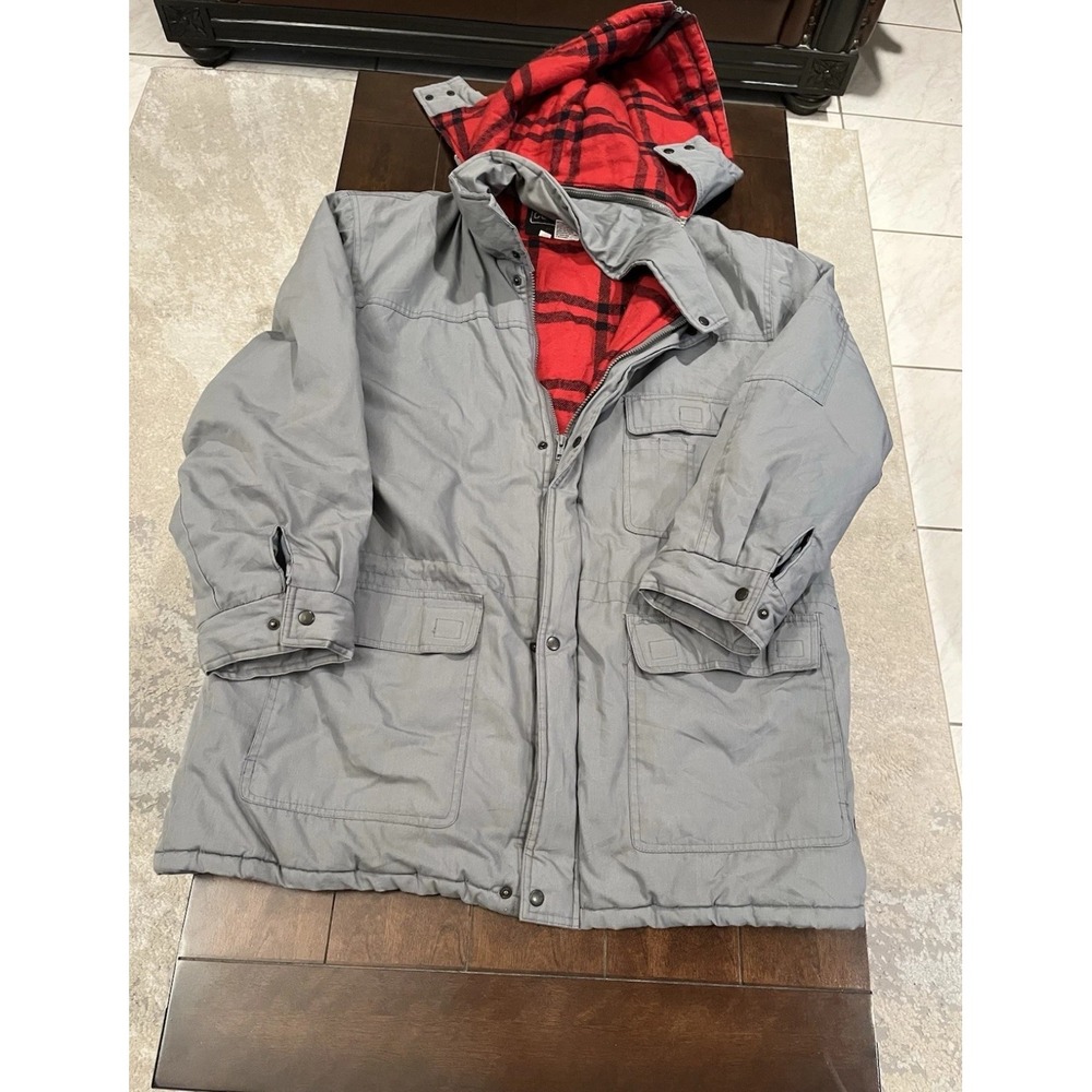 Cortina Mens Grey Field Jacket Detachable Hood Plaid Flannel Lined Parka Large